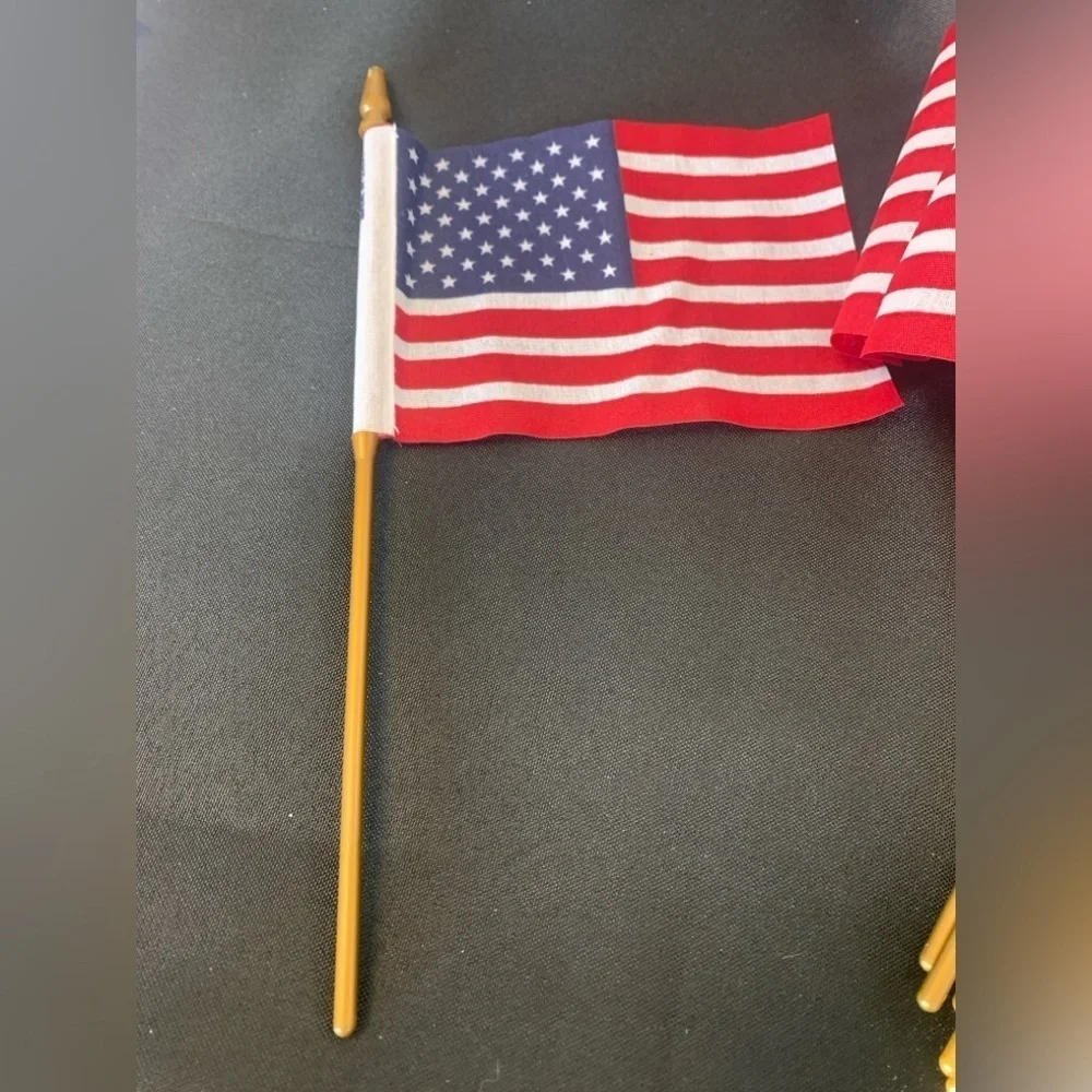Small American Flags, 10” tall, plastic flag pole, cotton flag, 8 flags, NWOT